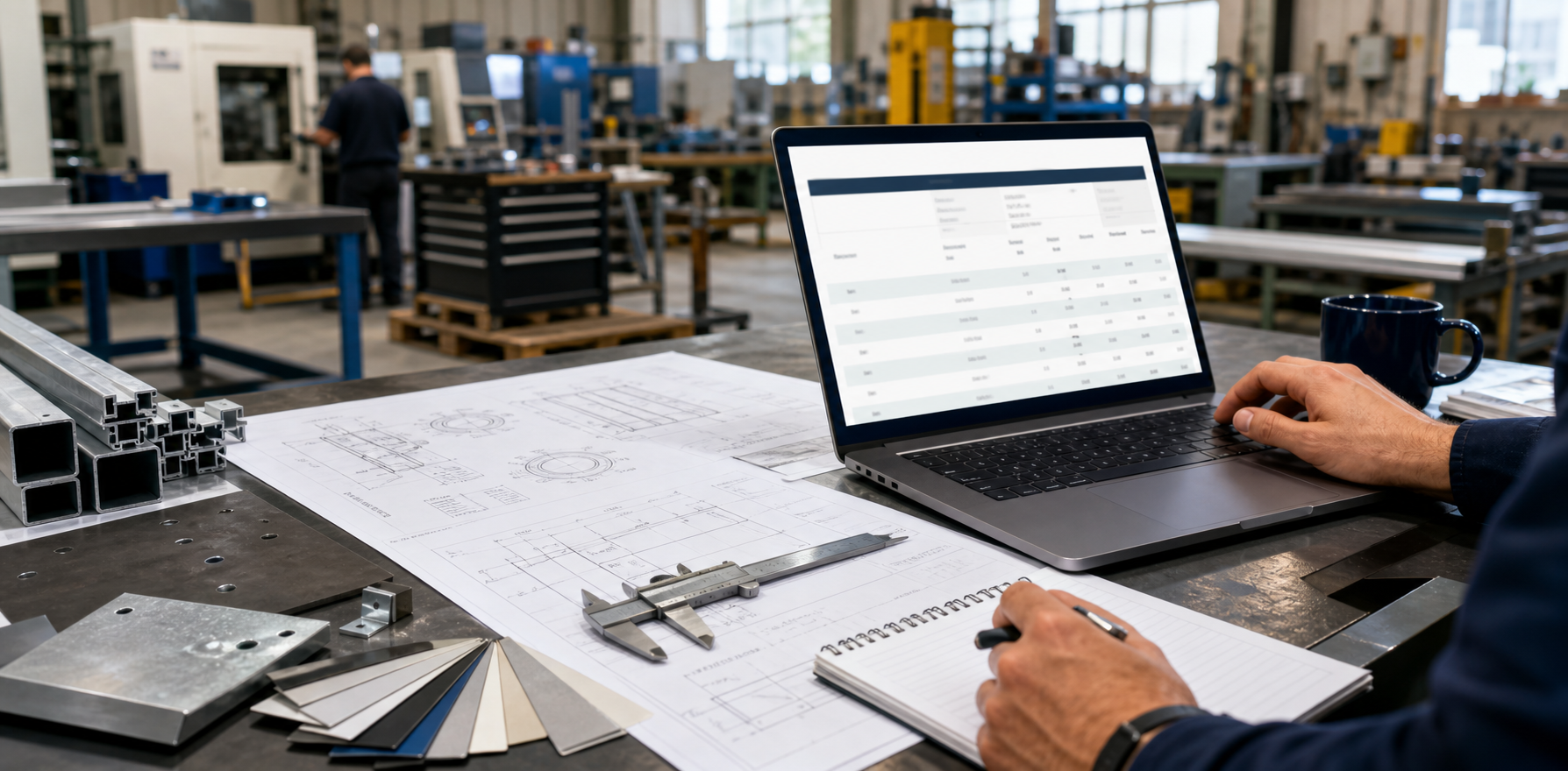 Manufacturing quoting bench with drawings, material samples, and a laptop