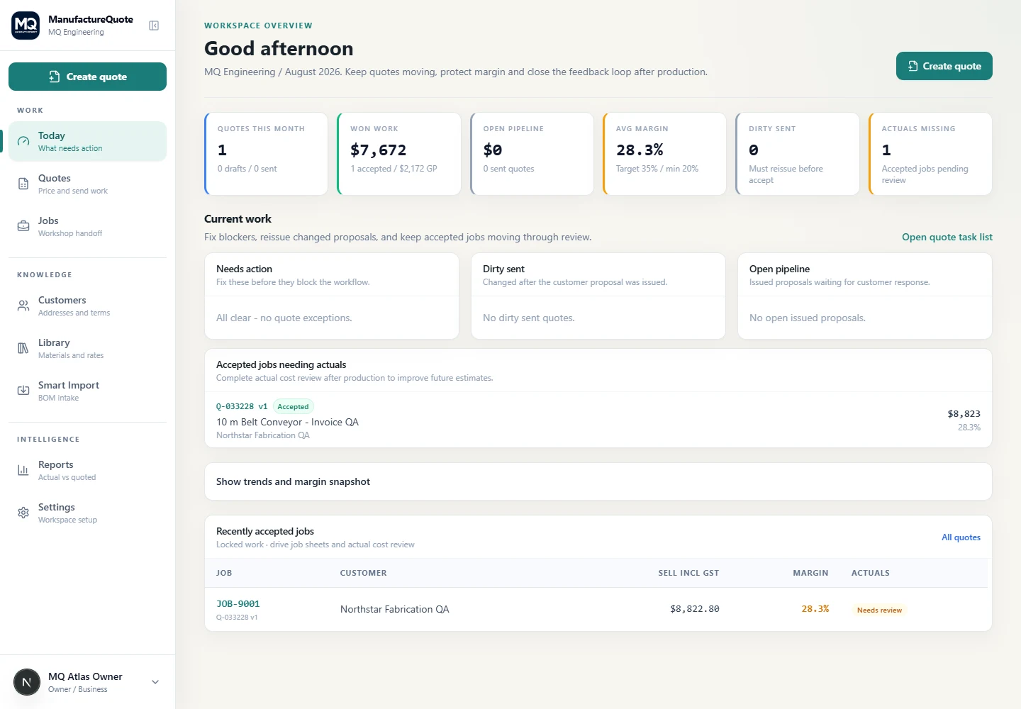 ManufactureQuote dashboard with quoting and production work in progress