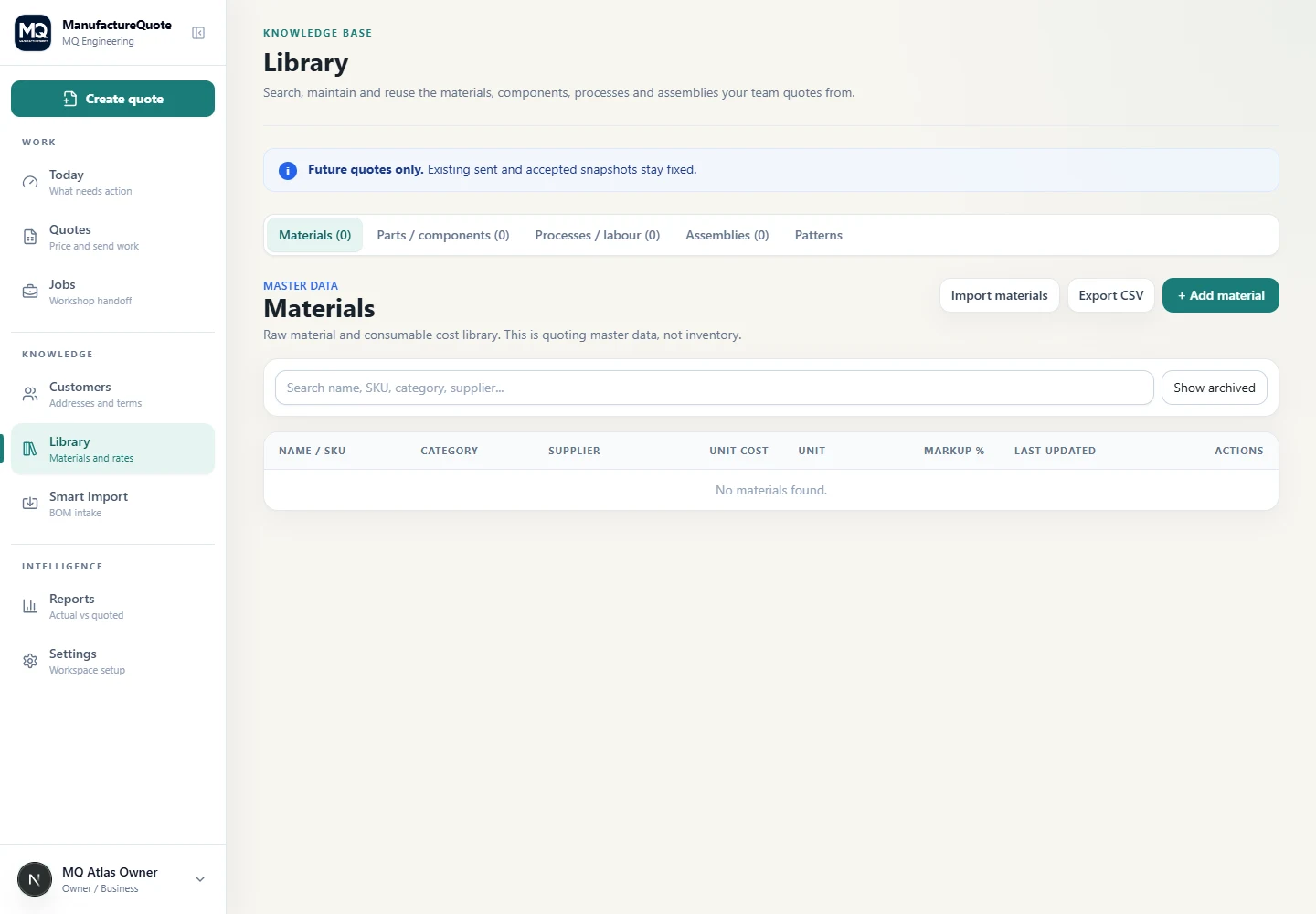 ManufactureQuote Library screen with materials, parts, processes, and assemblies