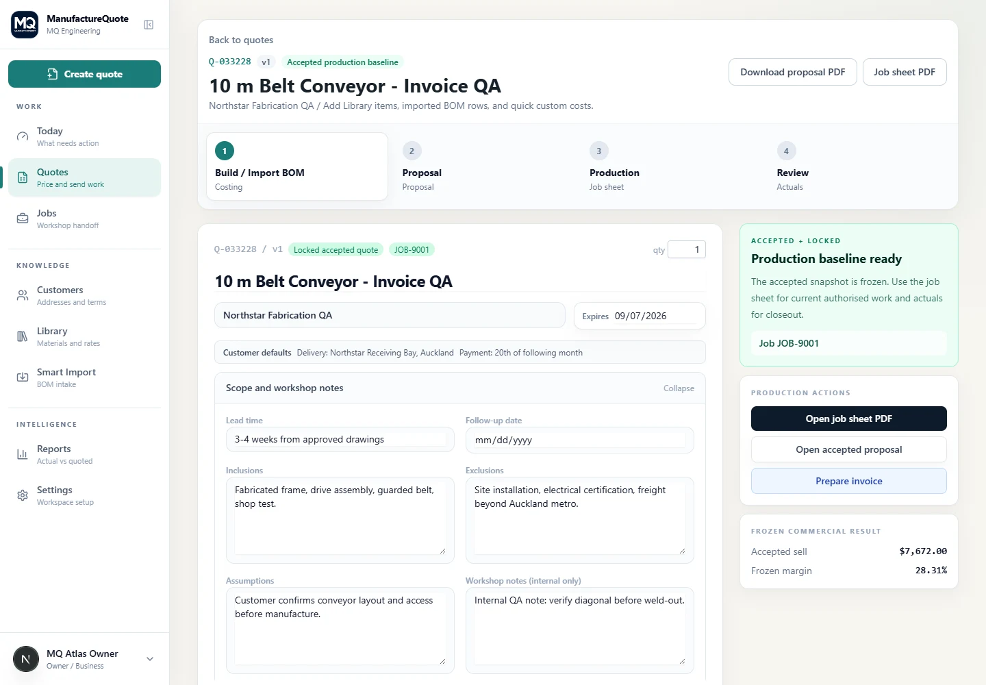 ManufactureQuote quote screen showing live costing and margin context