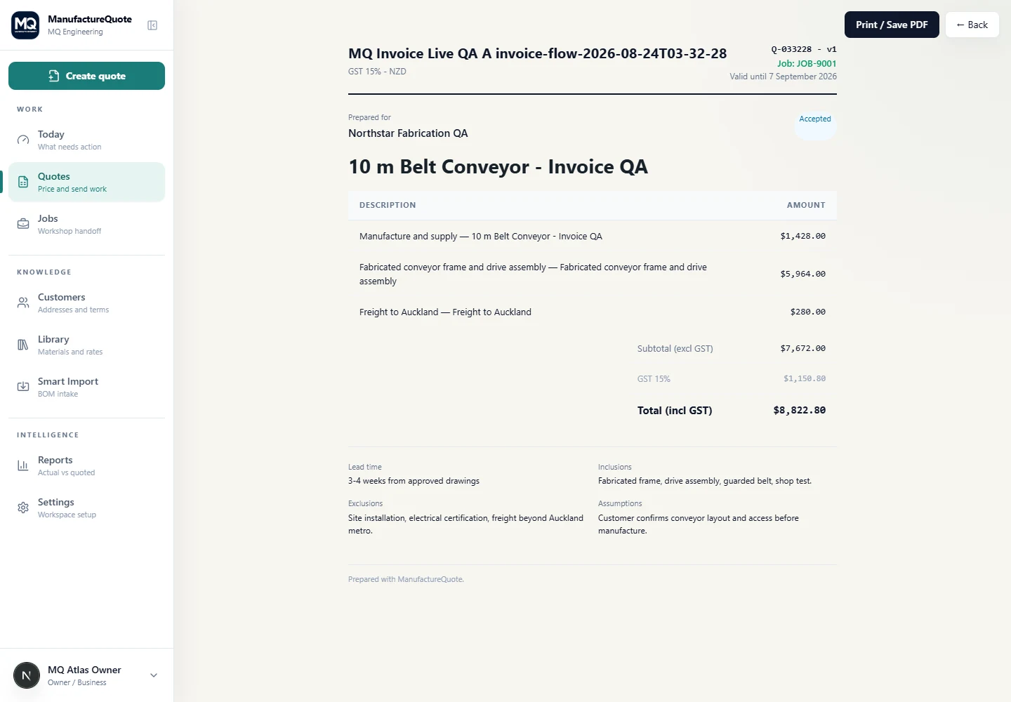 ManufactureQuote customer proposal screen showing customer-safe pricing and scope